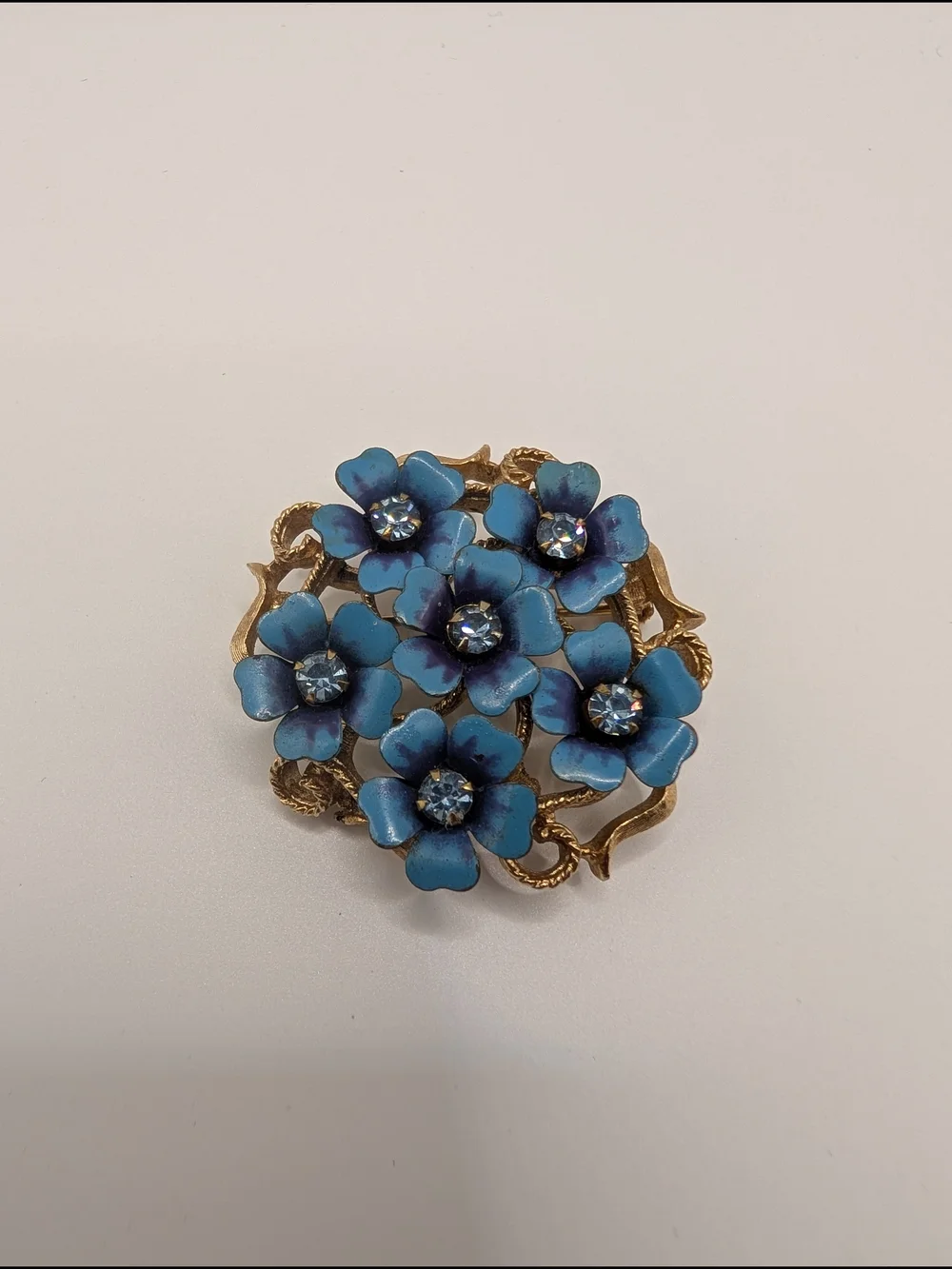 Avon Blue Enamel Floral Brooch with Gold Tone Accents